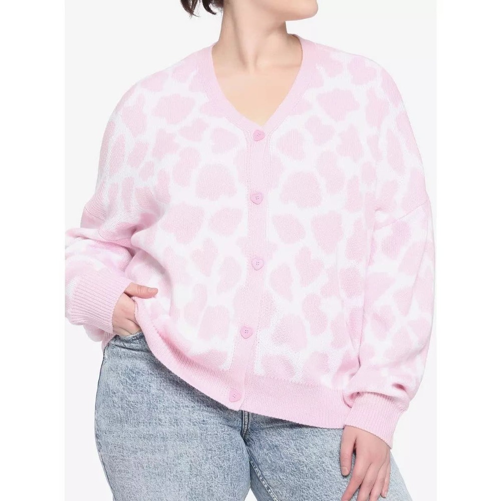 Hot Topic Size Medium Pink Cow Print Heart Button Valentine's Day Cardigan